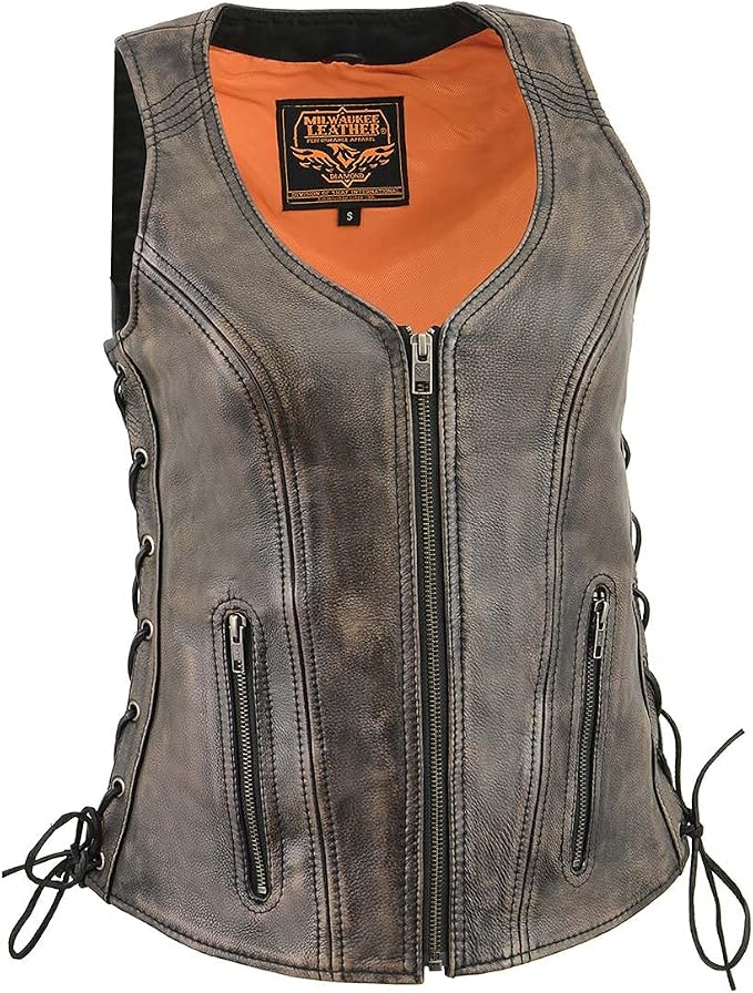 Milwaukee Leather Women's Open Neck Side Lace Front Zipper Leather Vest with Gun Pockets