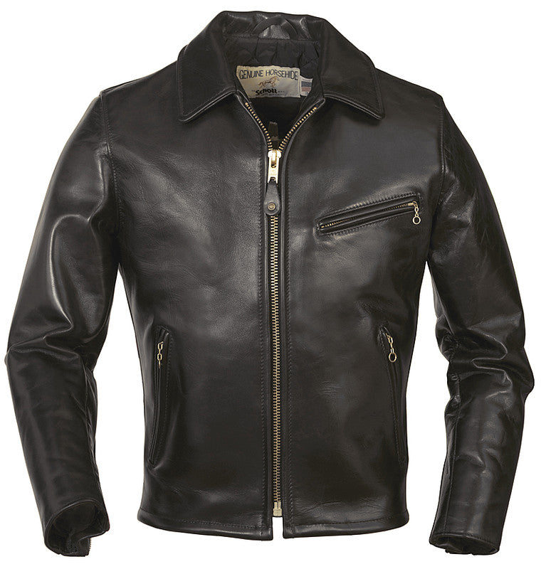 Schott 689H Men's Classic Horsehide Black Racer Motorcycle Leather Jacket with Spread Collar