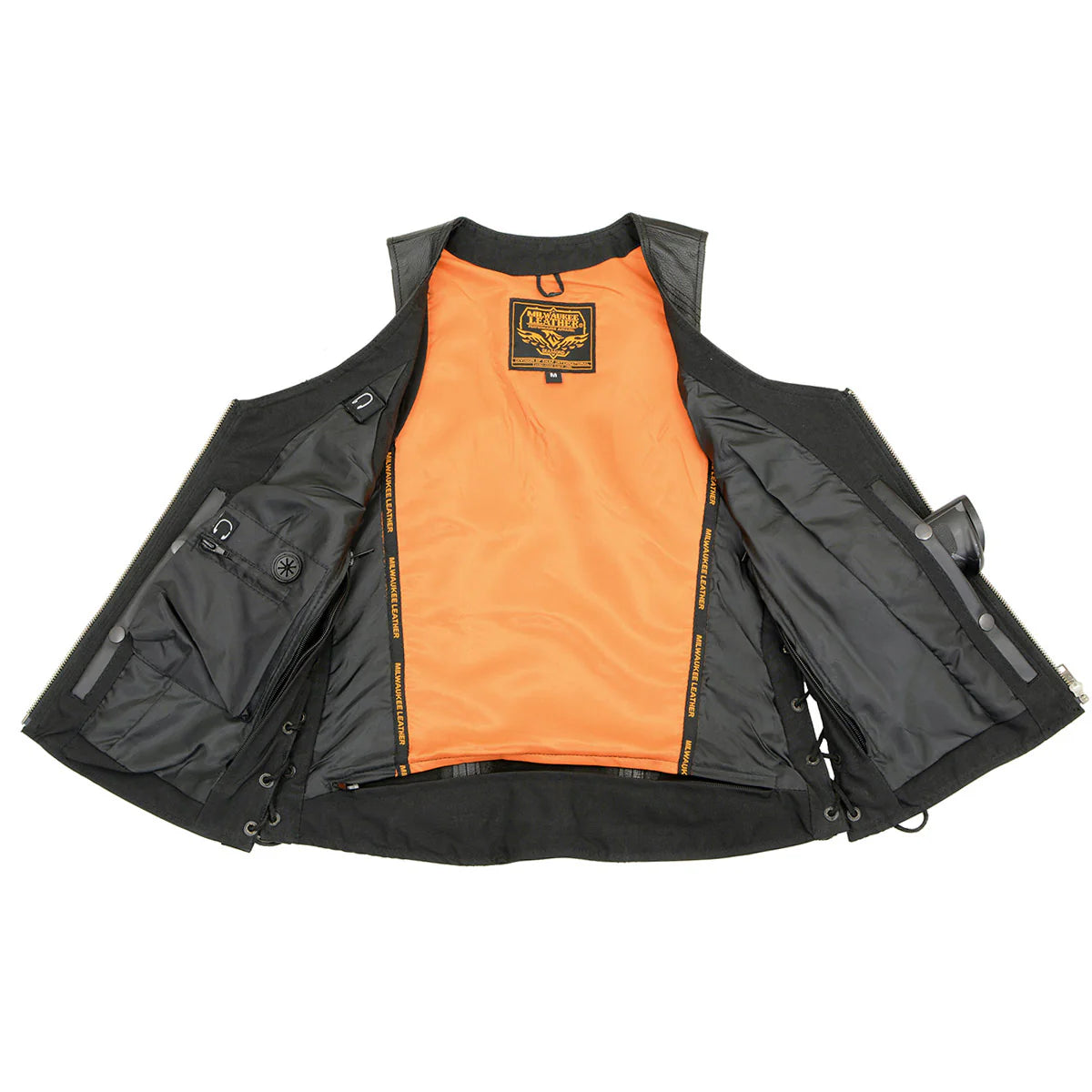 Milwaukee Leather  Women's Open Neck Side Lace Front Zipper Leather Vest with Gun Pockets