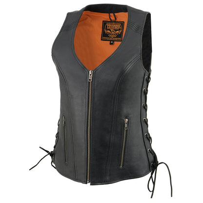 Milwaukee Leather  Women's Open Neck Side Lace Front Zipper Leather Vest with Gun Pockets