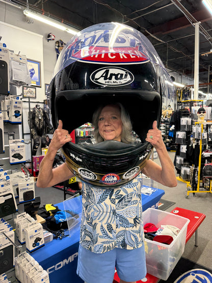 Oversize ARAI helmet. Westby Racing.